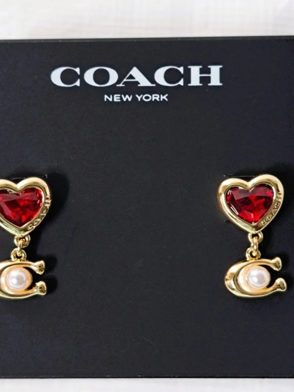 Coach Signature Red/Gold/Pearl Heart Drop Earrings NWT - Picture 3 of 9